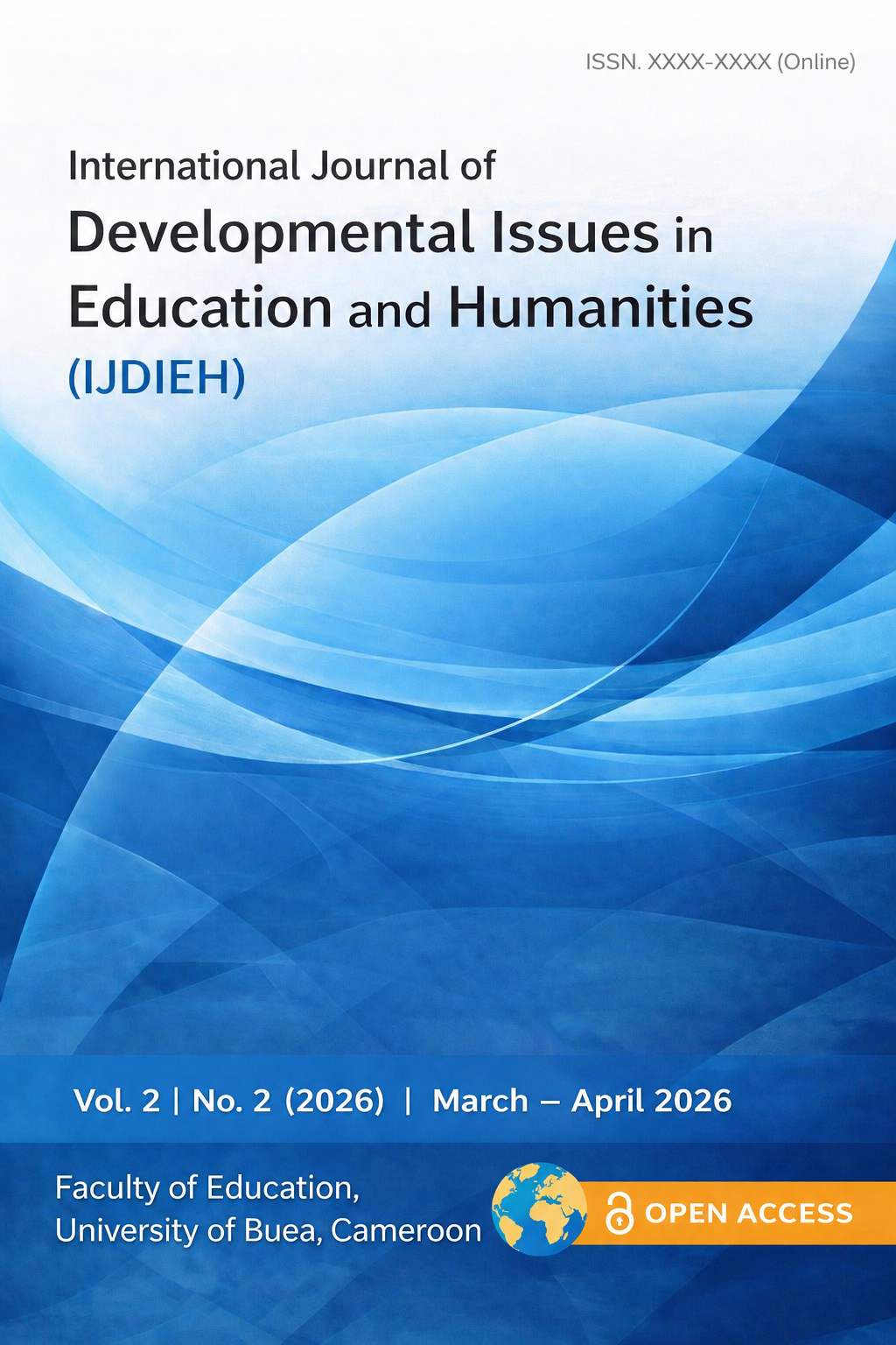 Academic journal cover titled “International Journal of Developmental Issues in Education and Humanities (IJDIEH),” Volume 2, Issue 2 (March–April 2026), with a modern blue abstract wave background, publication details, and an open access indicator.